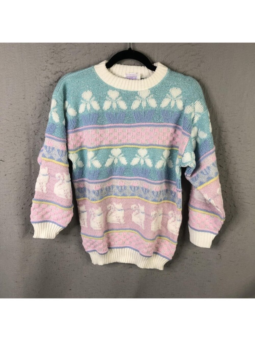 Vintage Arielle Sweater Womens M Pastel Cat Stripe Lurex Knit 80s Kawaii